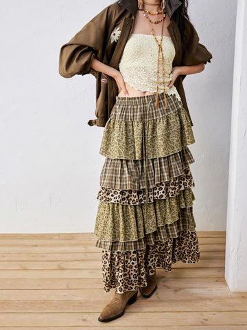 Urban Revivo Tiered A-Line Maxi Skirts-Multicolor