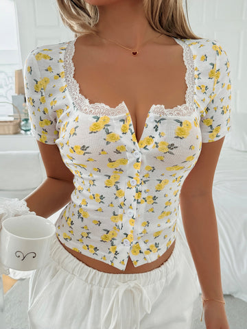Floral Print Square Neck T-Shirt