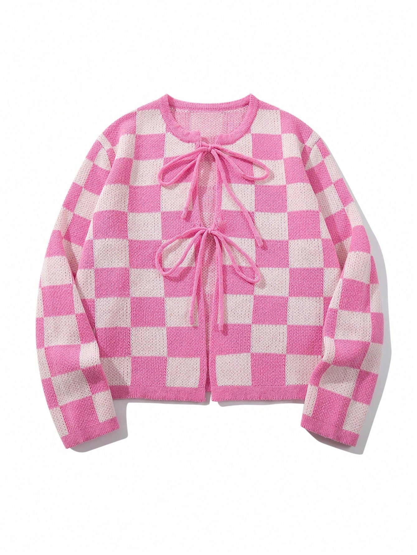 Cute Checkered Tie Front Cardigan