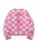 Cute Checkered Tie Front Cardigan