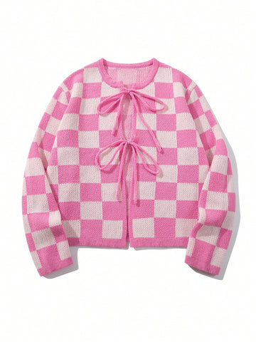 Cute Checkered Tie Front Cardigan