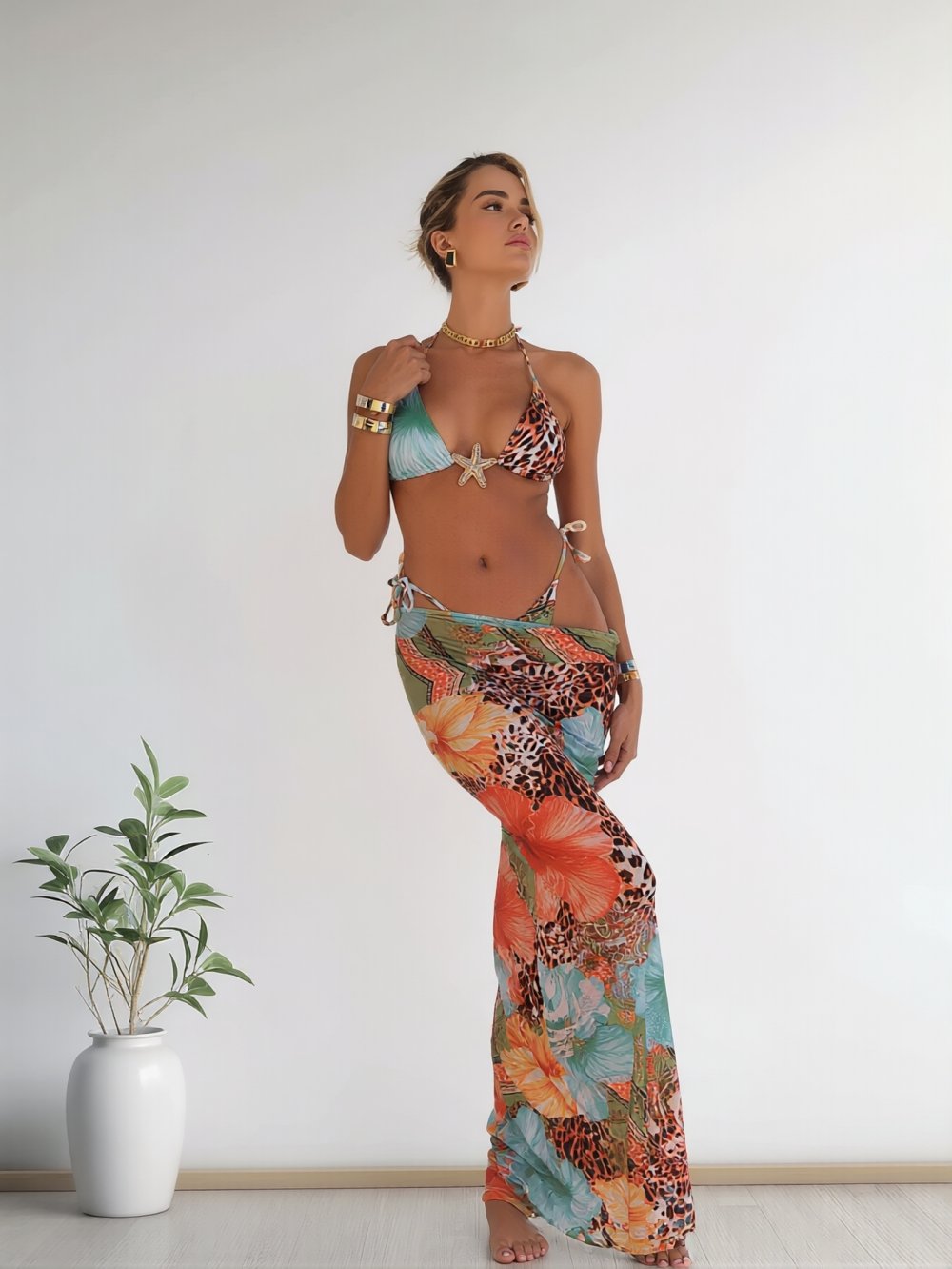Tropical Leopard Print Bikini Three Piece Set