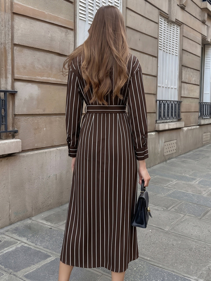 Elegant Striped Belted Shirt Dress