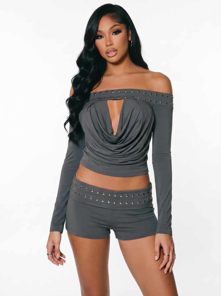 Studded Off Shoulder Shorts Set