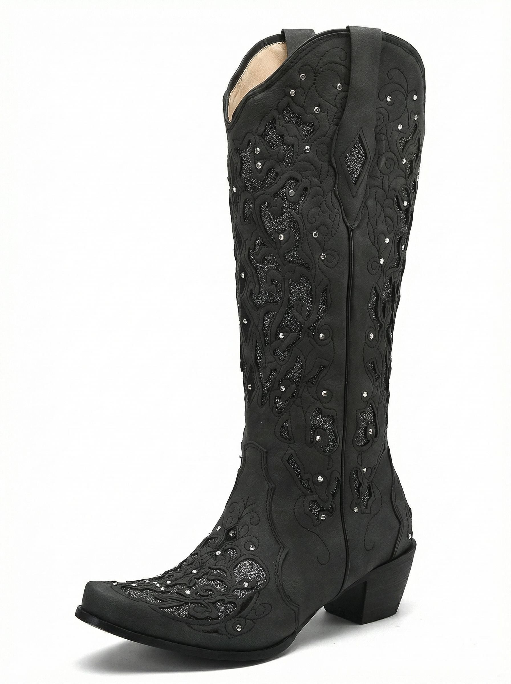 Glitter Cutout Pointed Toe Glamorous Cowboy Boots-White