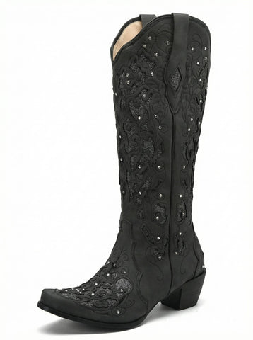 Glitter Cutout Pointed Toe Glamorous Cowboy Boots-White