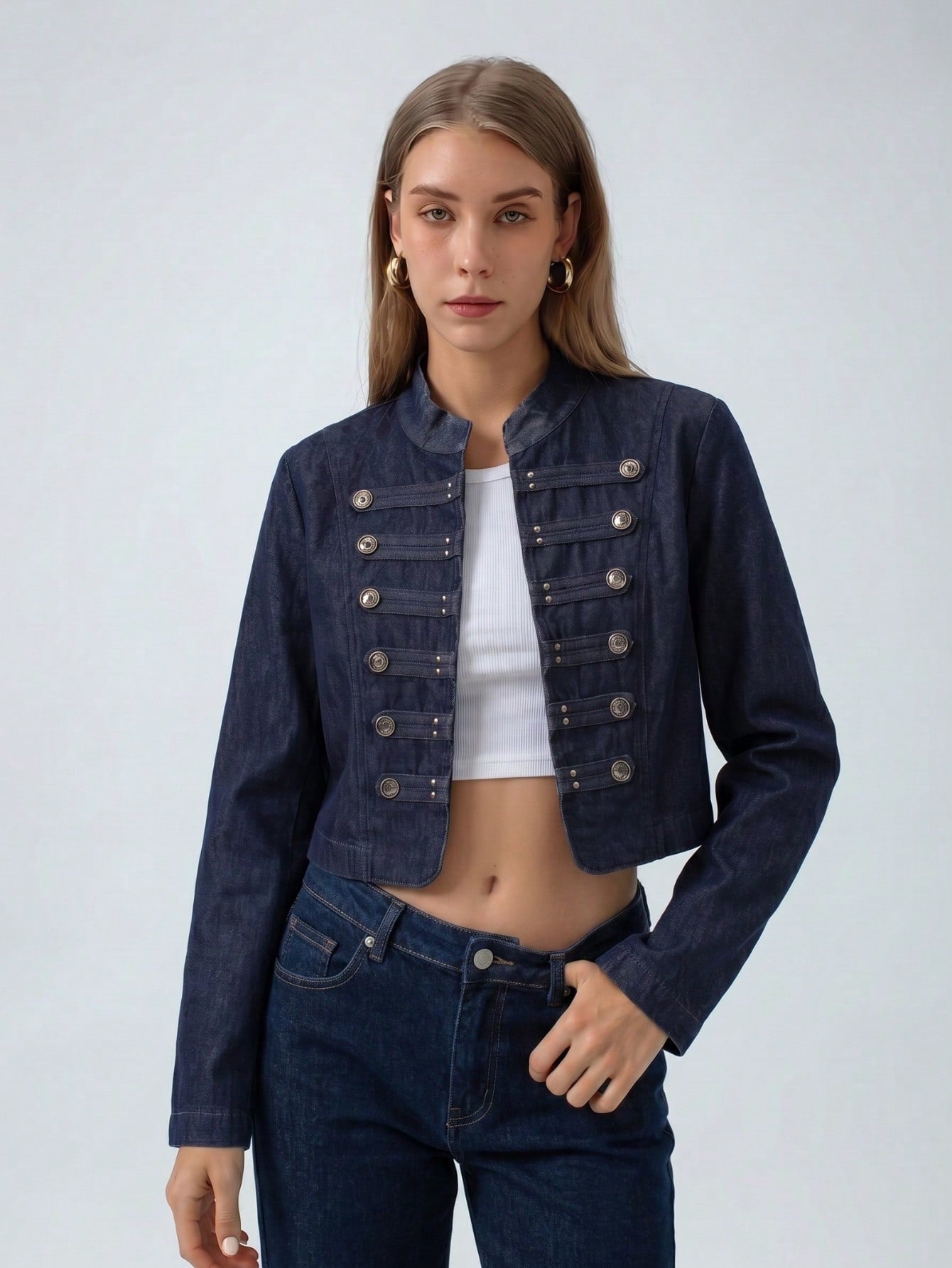 Military Inspired Cropped Denim Jacket