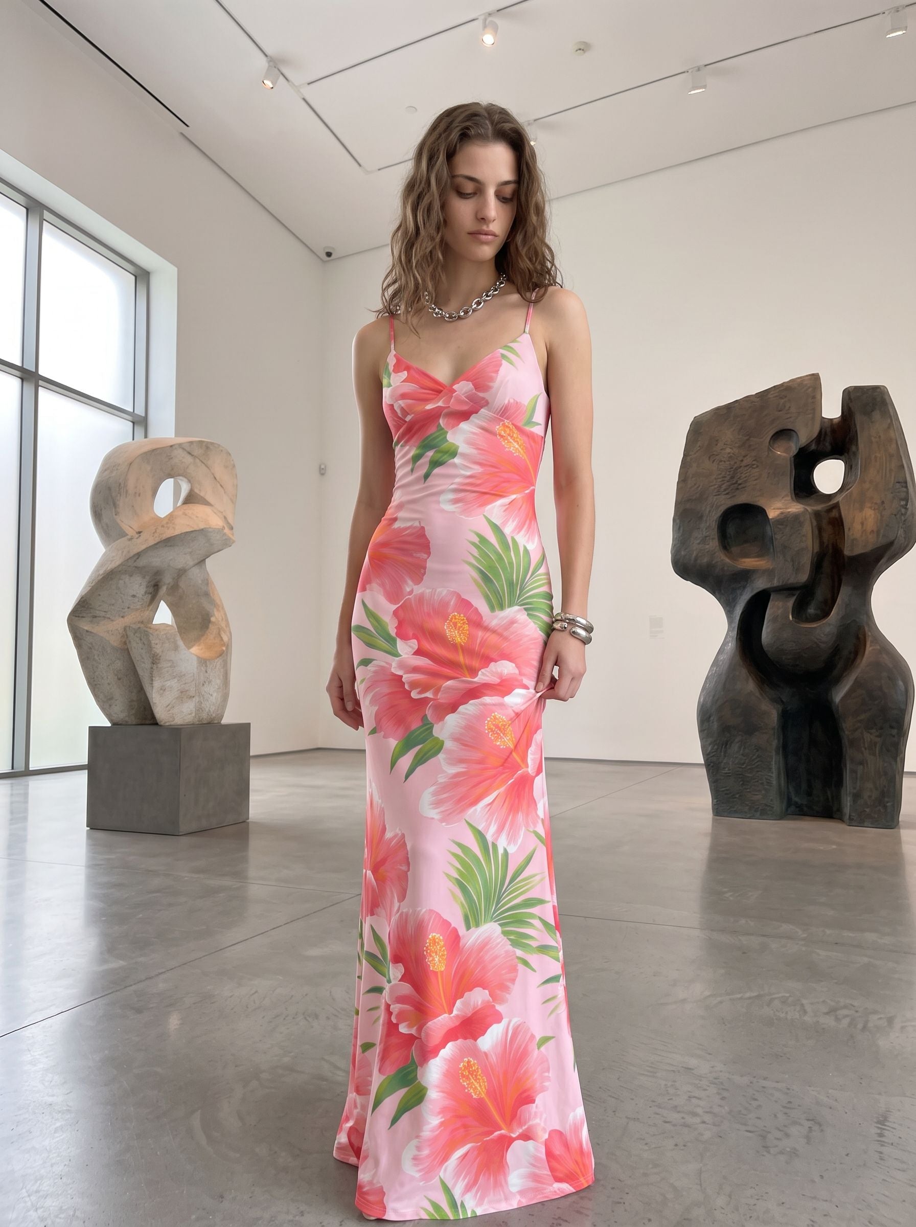 elainefox536's Pink Hibiscus Print Maxi Dress