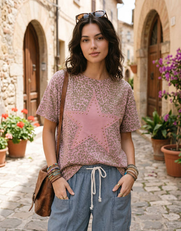 Leopard Star Studded Graphic T Shirt