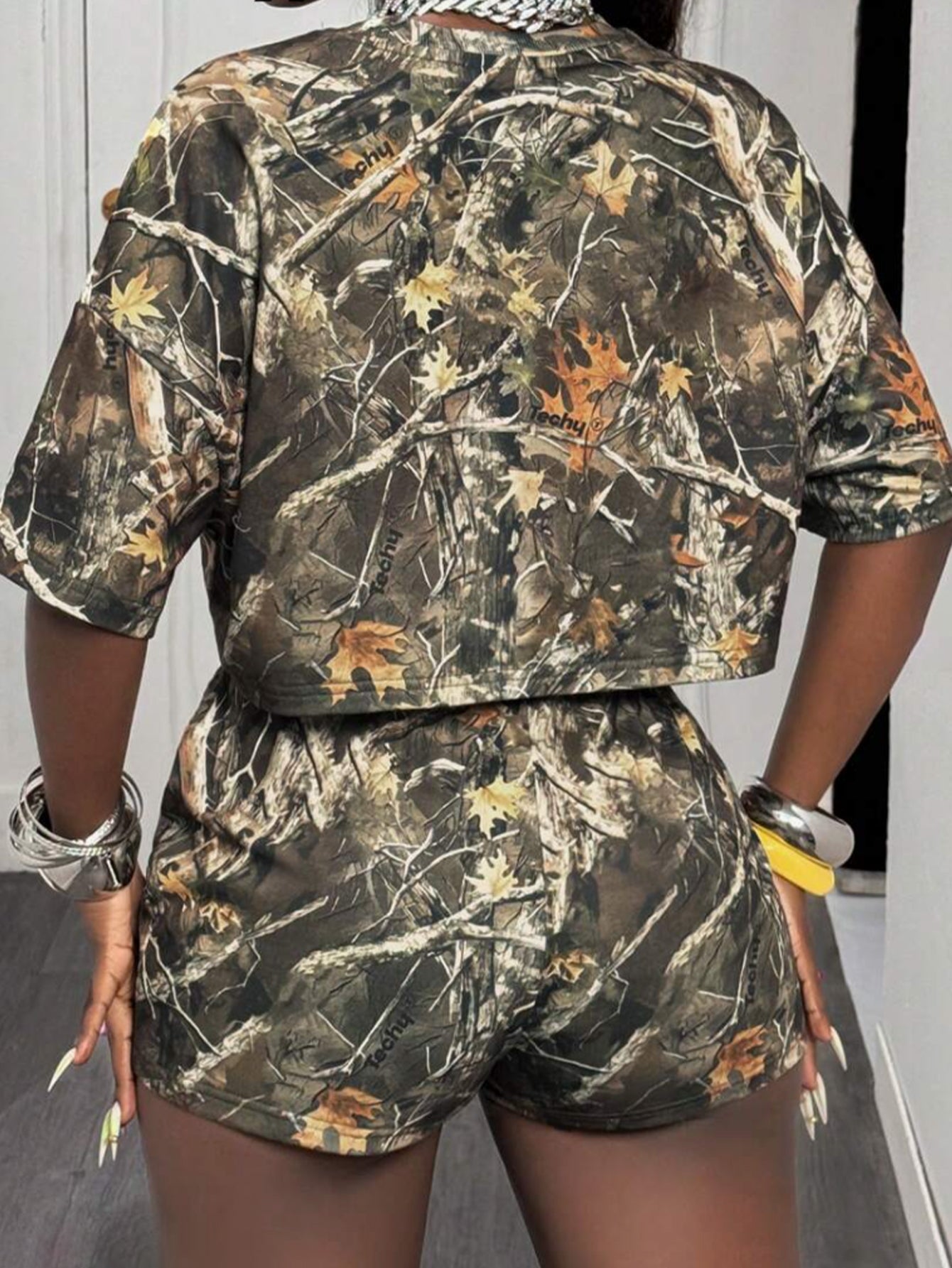 Camo Print Crop Top Shorts Set
