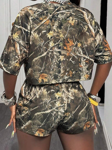 Camo Print Crop Top Shorts Set