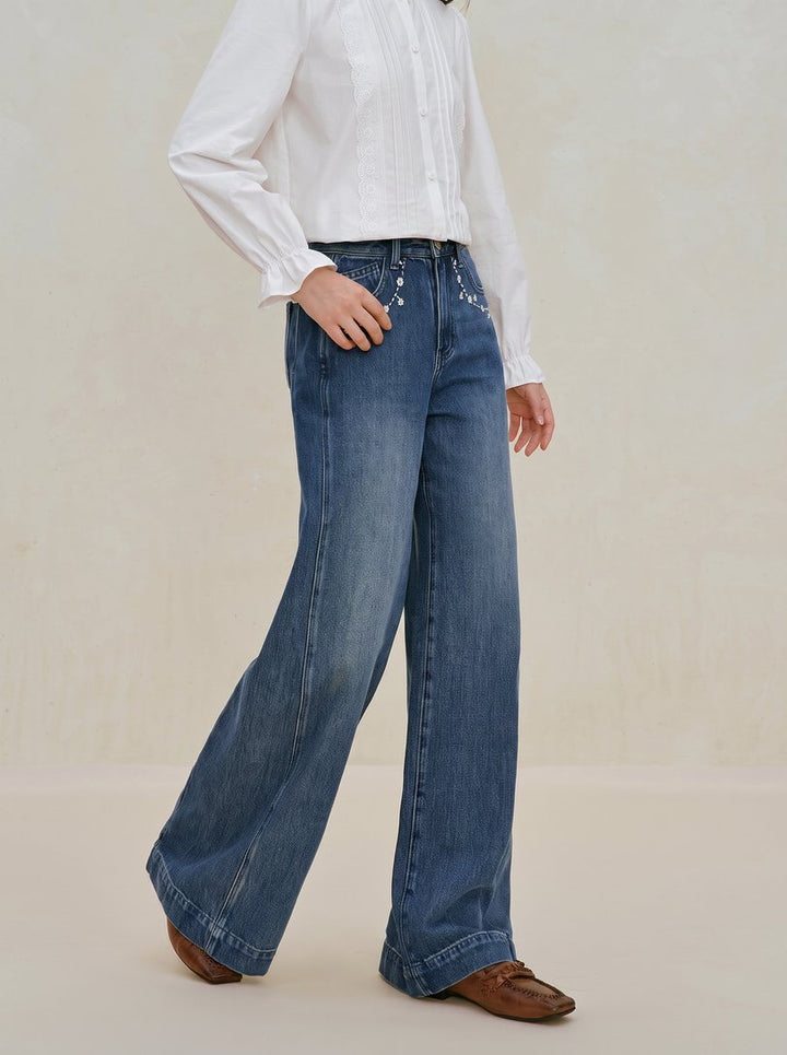 Embroidered High Waisted Wide Leg Jeans