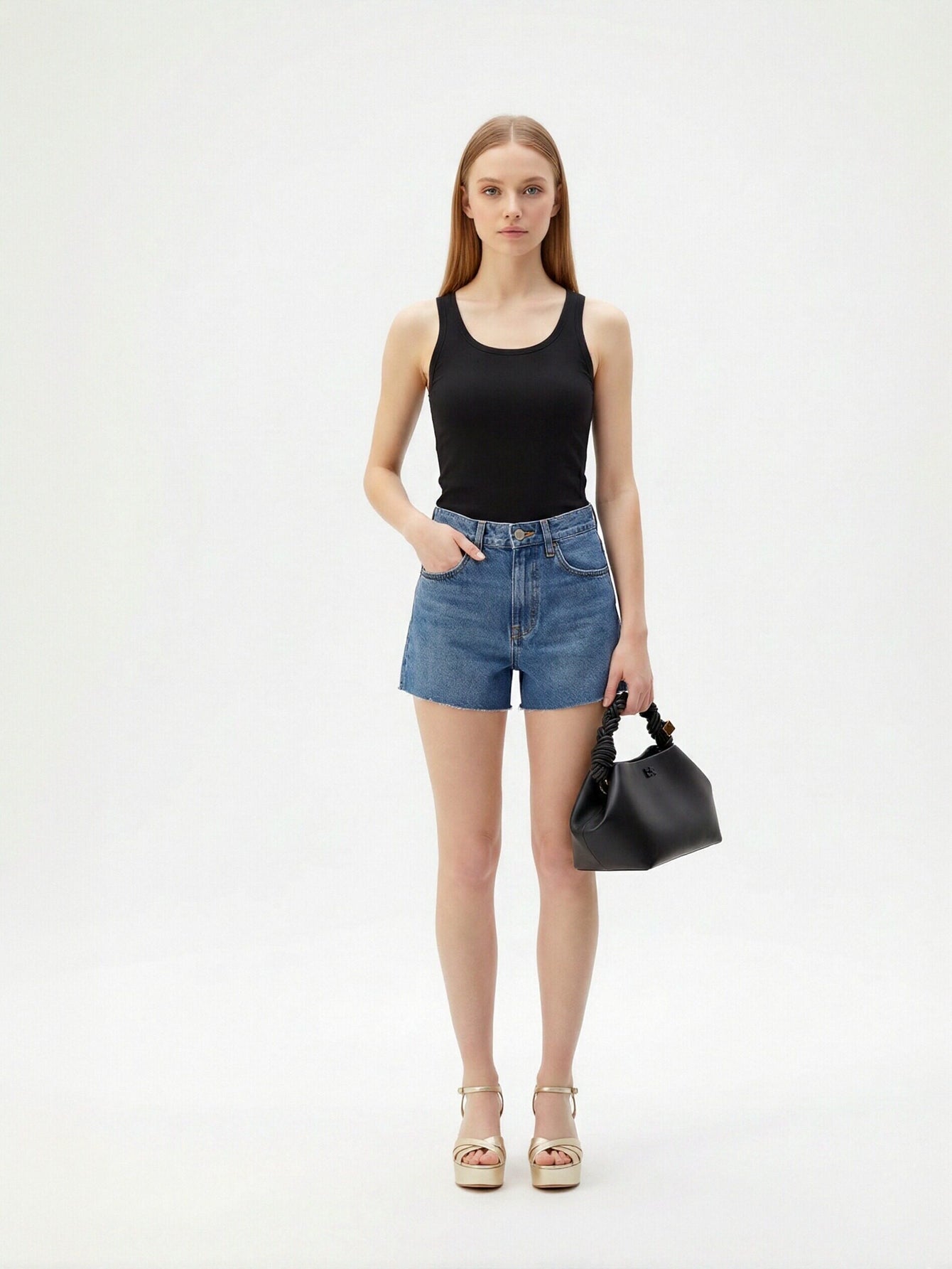High Rise Raw Hem Denim Shorts