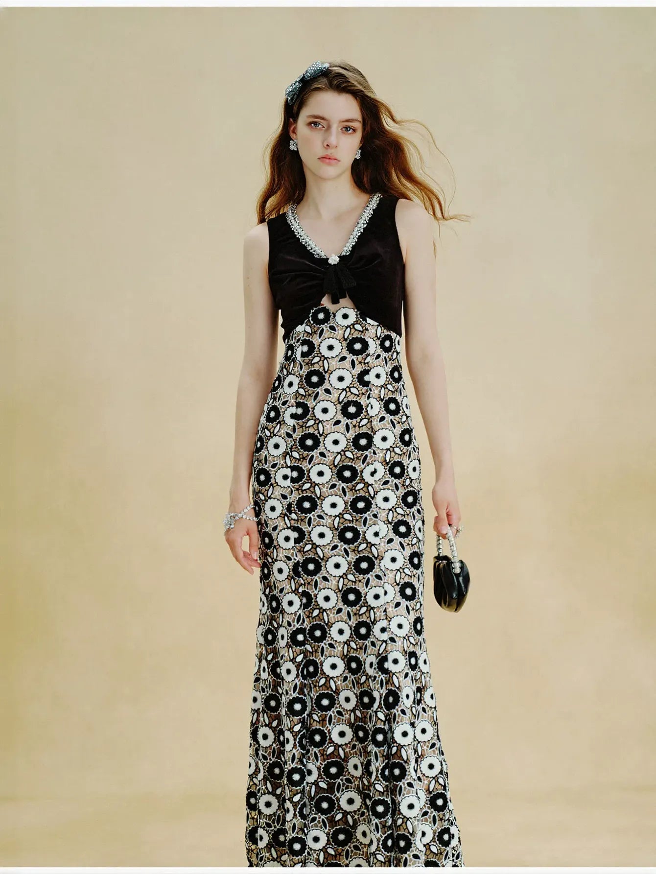 Embellished Velvet Floral Lace Maxi Dress