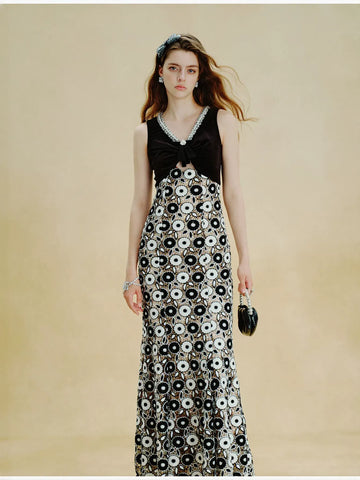 Embellished Velvet Floral Lace Maxi Dress