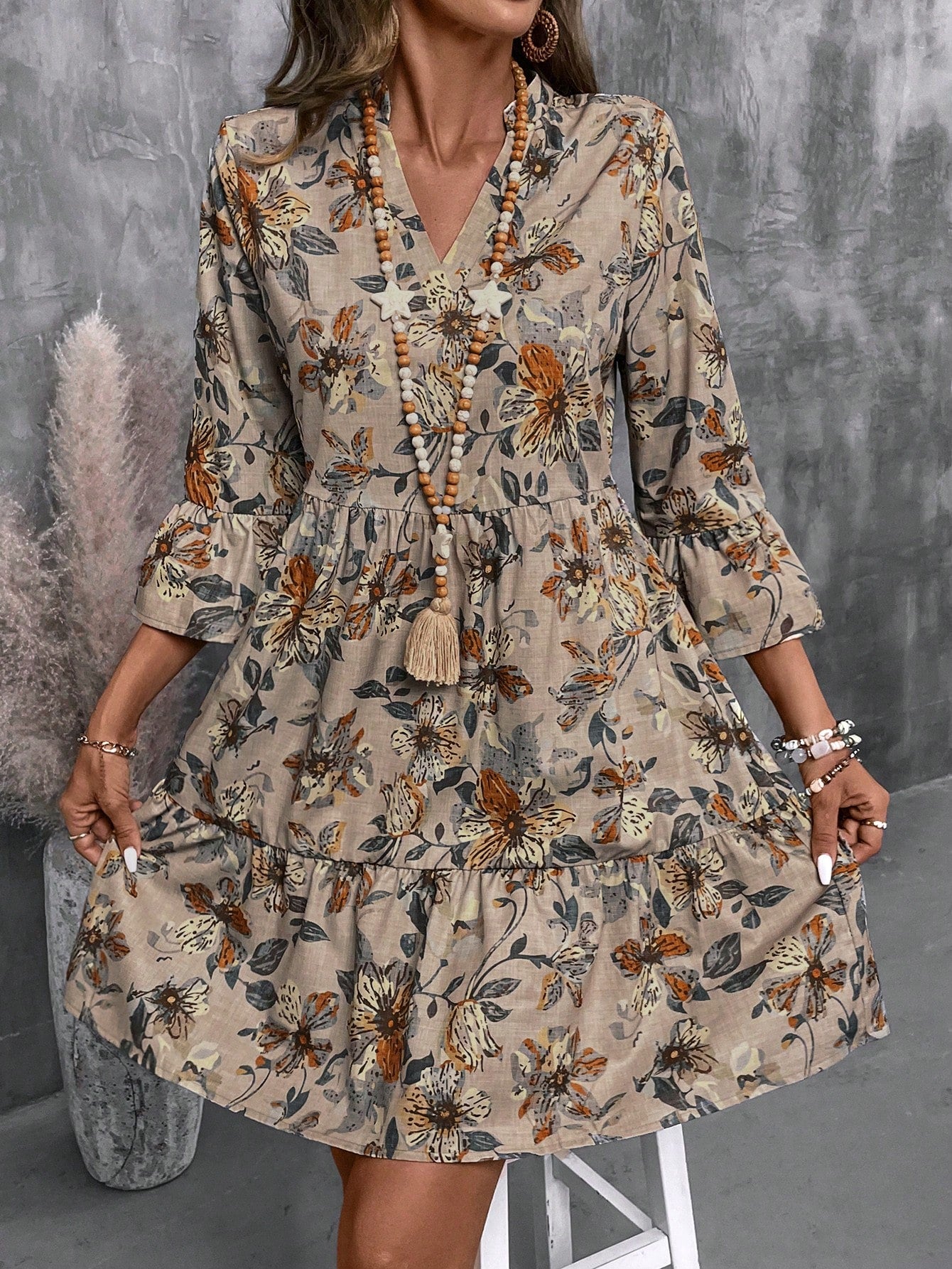 Floral Print V Neck Tiered Dress