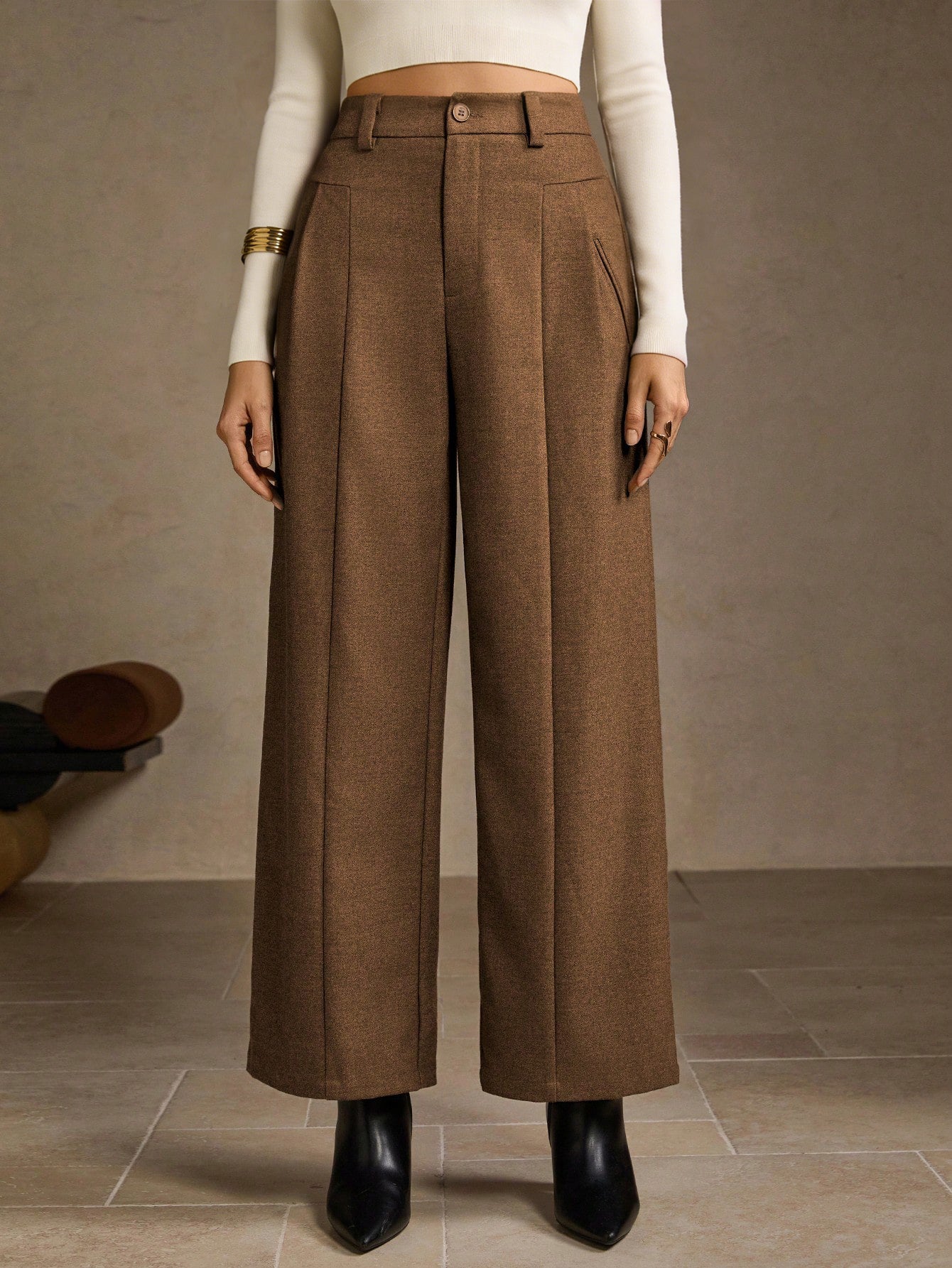 High Waisted Pleated Wide Leg Trousers