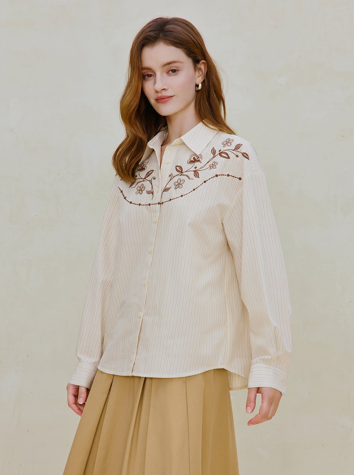 Embroidered Striped Cotton Button Down Shirt