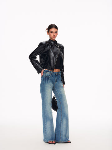 Cropped Slim Fit Biker Leather Jacket