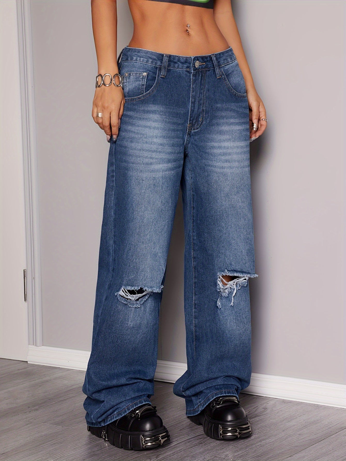 Distressed High Rise Wide Leg Jeans