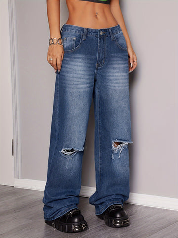 Distressed High Rise Wide Leg Jeans