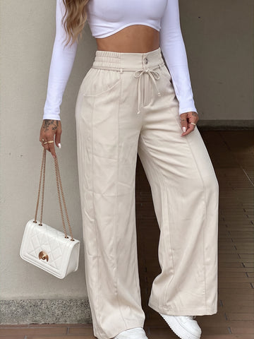 High Waisted Drawstring Wide Leg Pants
