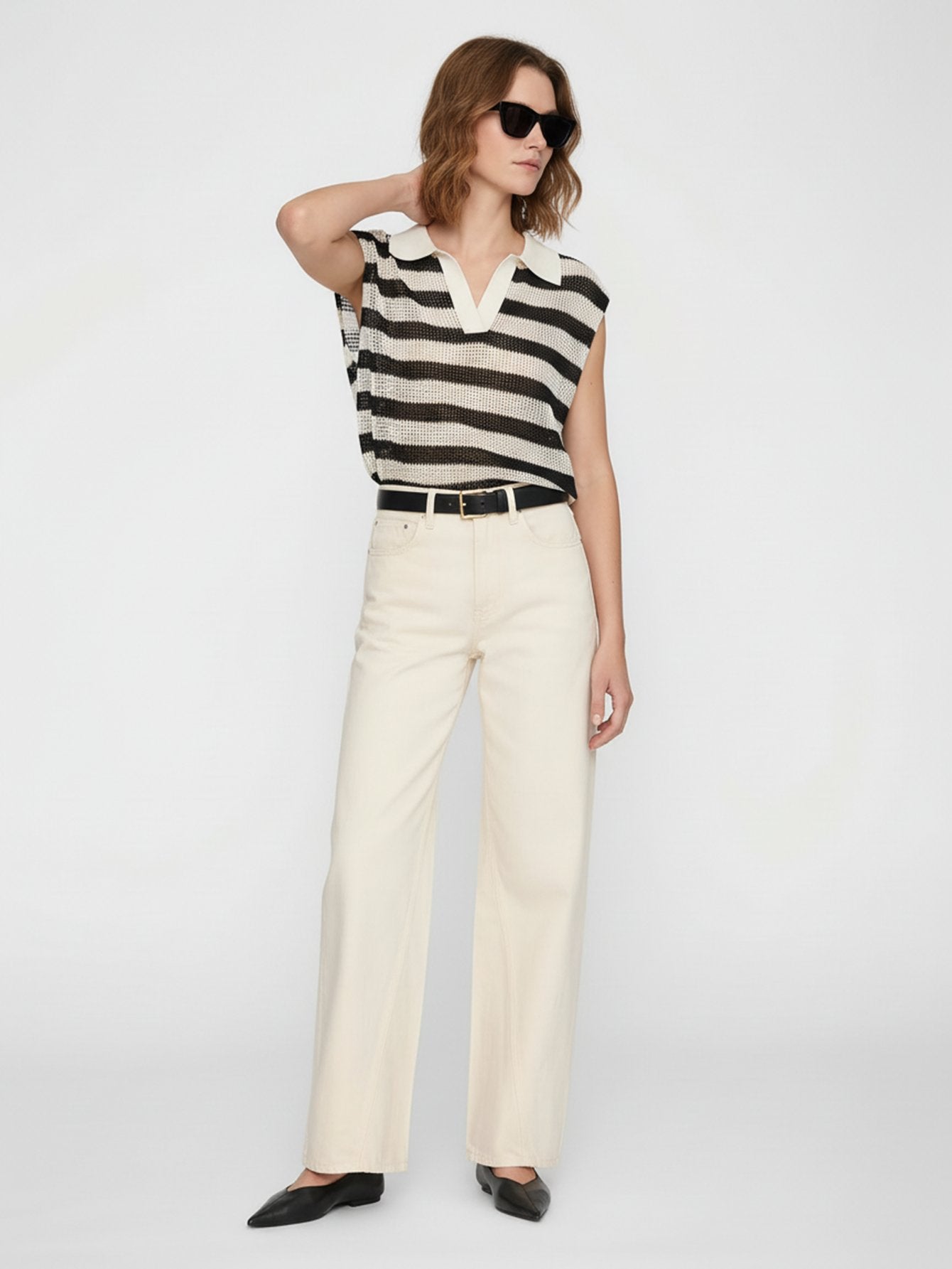 Polo Collar Striped Top