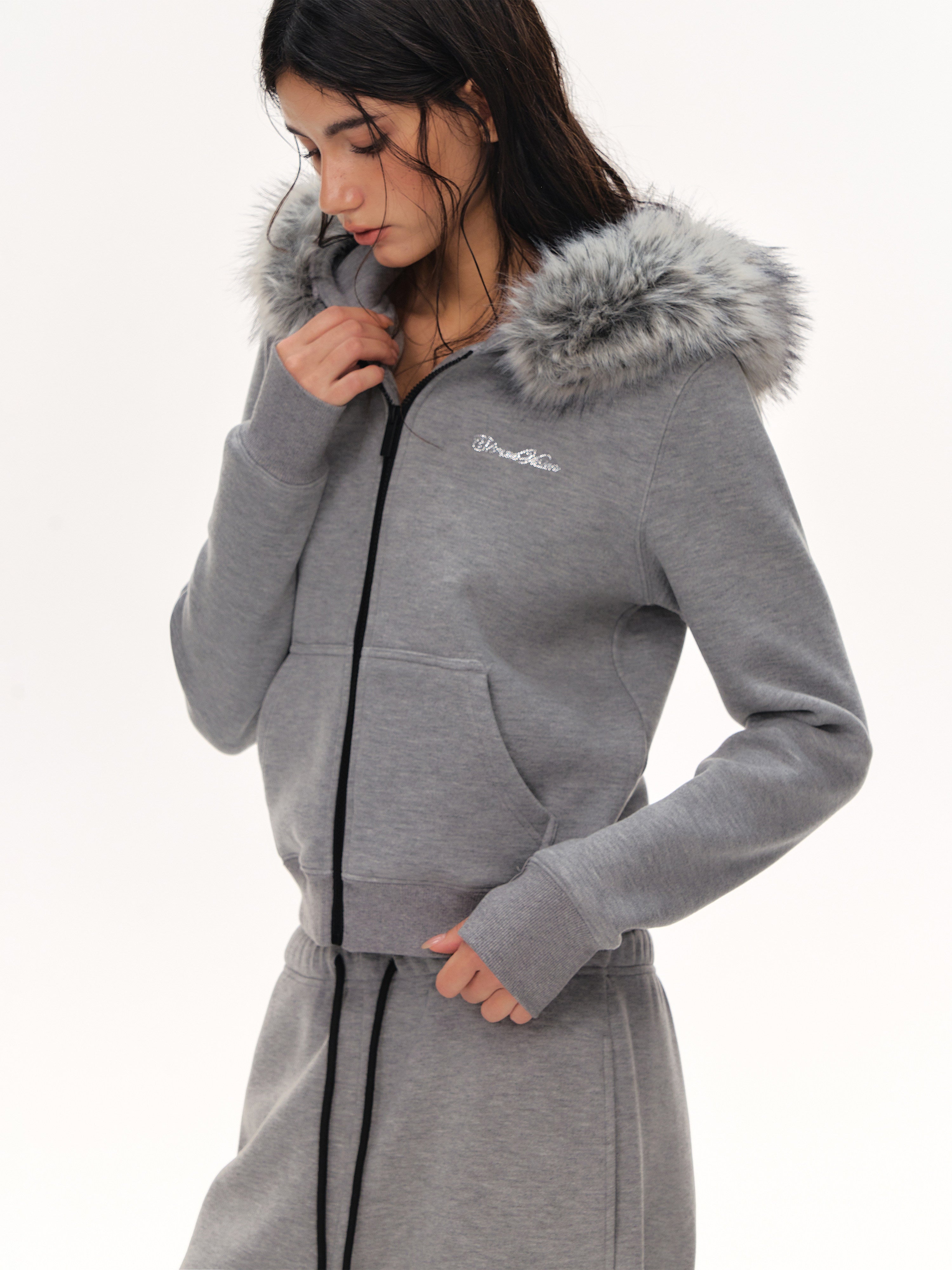 Faux Fur Hooded Zip Up Jacket