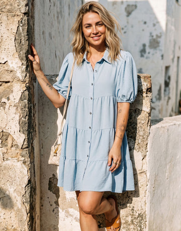 Puff Sleeve Tiered Button Down Dress