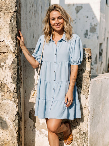 Puff Sleeve Tiered Button Down Dress