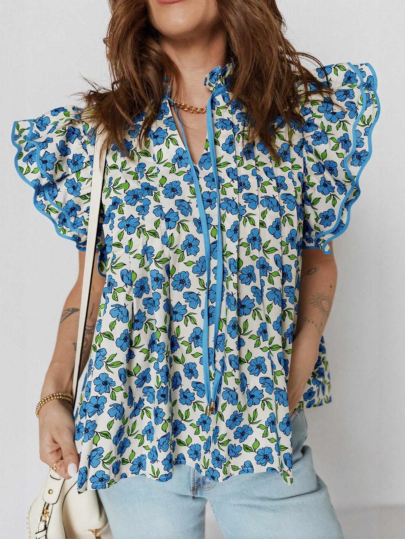 V Neck Ribbon Tie Blouse