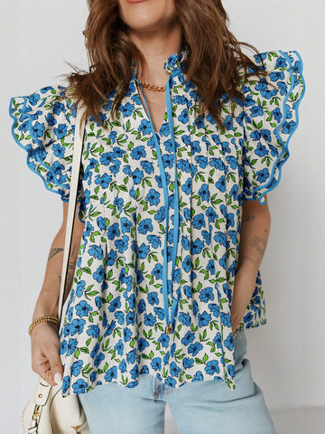 V Neck Ribbon Tie Blouse