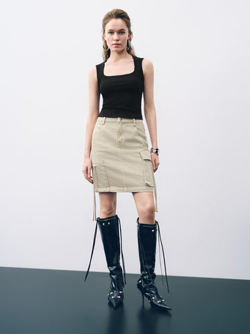 Urban Revivo Mini Denim Skirt-Light Khaki