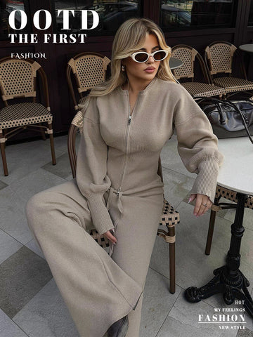 Zip Up Ribbed Knit Set