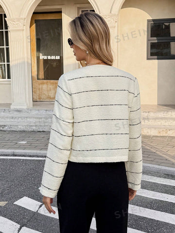 Elegant Striped Tweed Button Jacket
