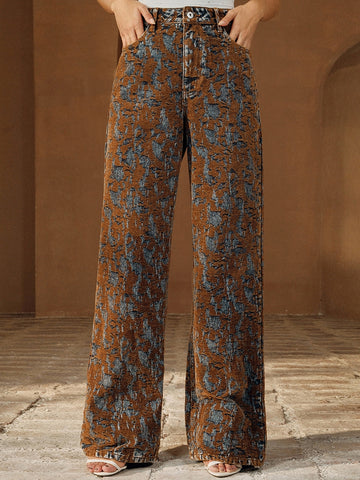 High Waisted Distressed Pattern Jeans