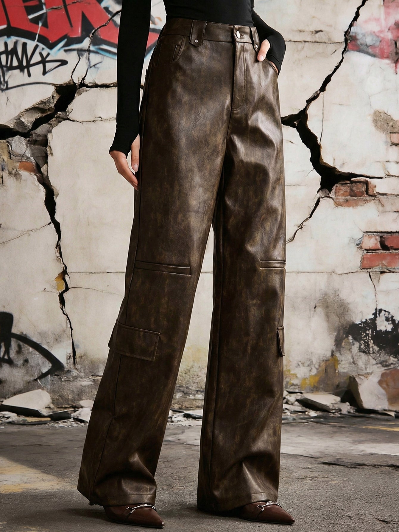 High Waisted Faux Leather Cargo Pants