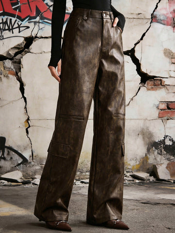 High Waisted Faux Leather Cargo Pants