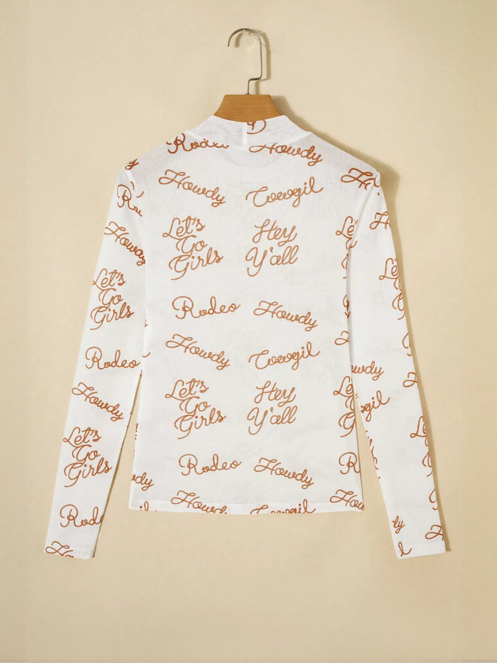 Sheer Graphic Print Mock Neck Top