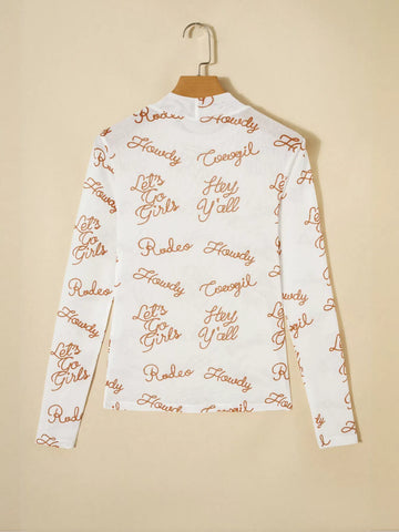 Sheer Graphic Print Mock Neck Top