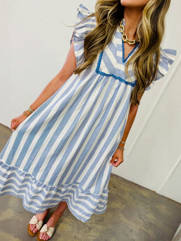 Ruffled Striped V Neck Midi Dress