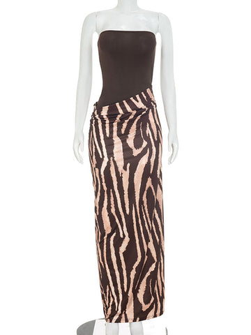 Strapless Zebra Print Bodycon Maxi Dress
