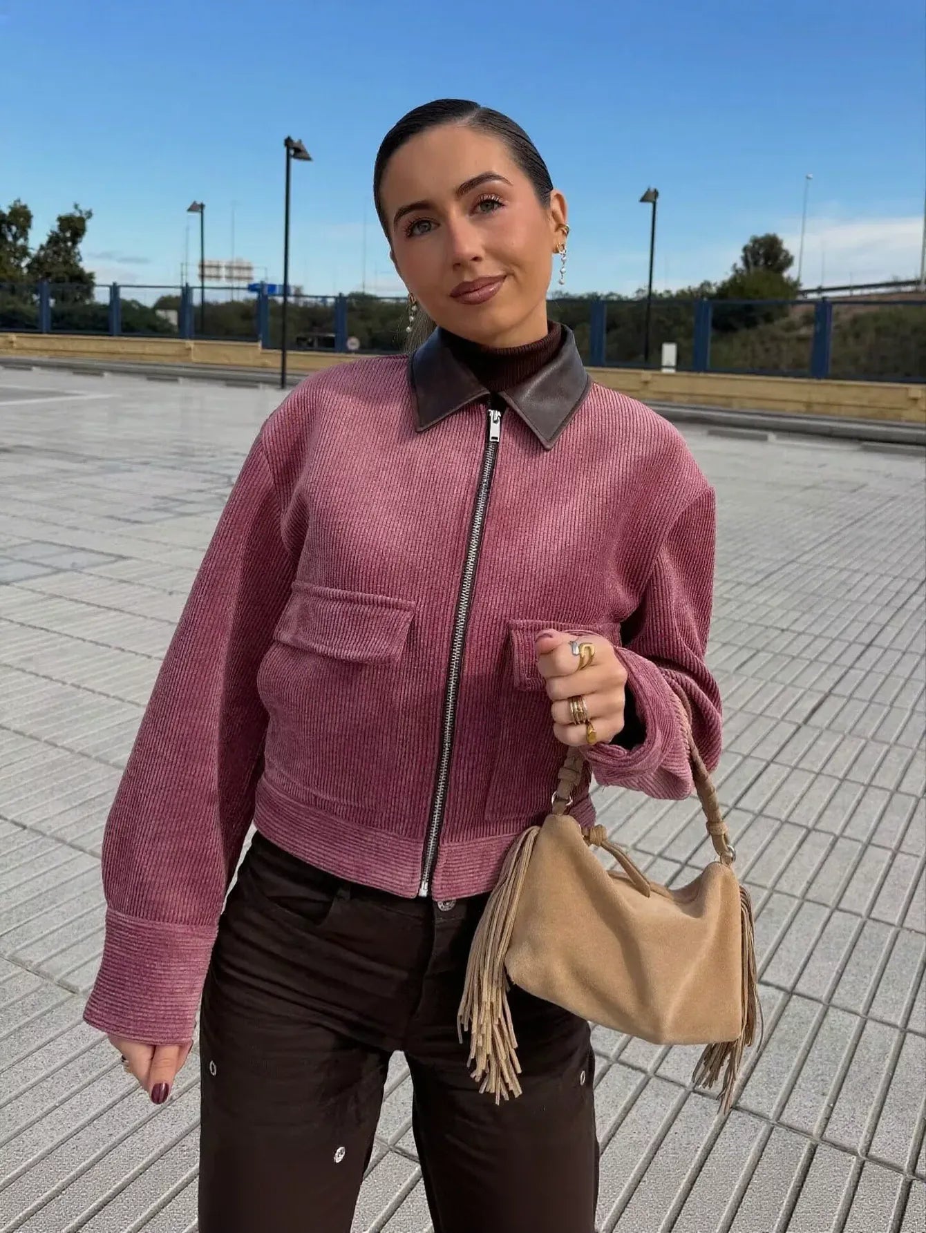Contrast Collar Corduroy Zip Jacket