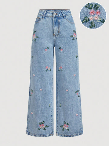 Floral Embroidered High Waisted Jeans
