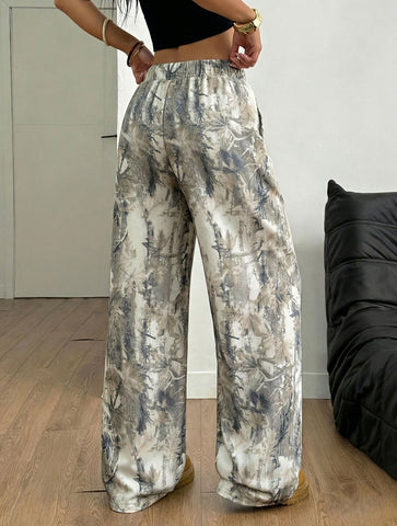 High Waisted Leaf Print Wide Leg Pants
