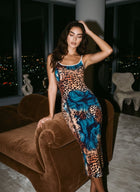 CAPRI Leopard and Blue Floral Print Sleeveless Bodycon Midi Dress