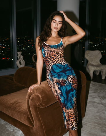 CAPRI Leopard and Blue Floral Print Sleeveless Bodycon Midi Dress