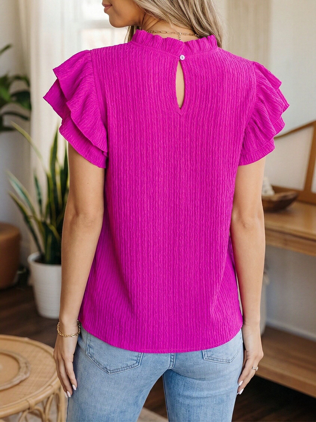 Ruffled Sleeve Textured Chiffon Blouse
