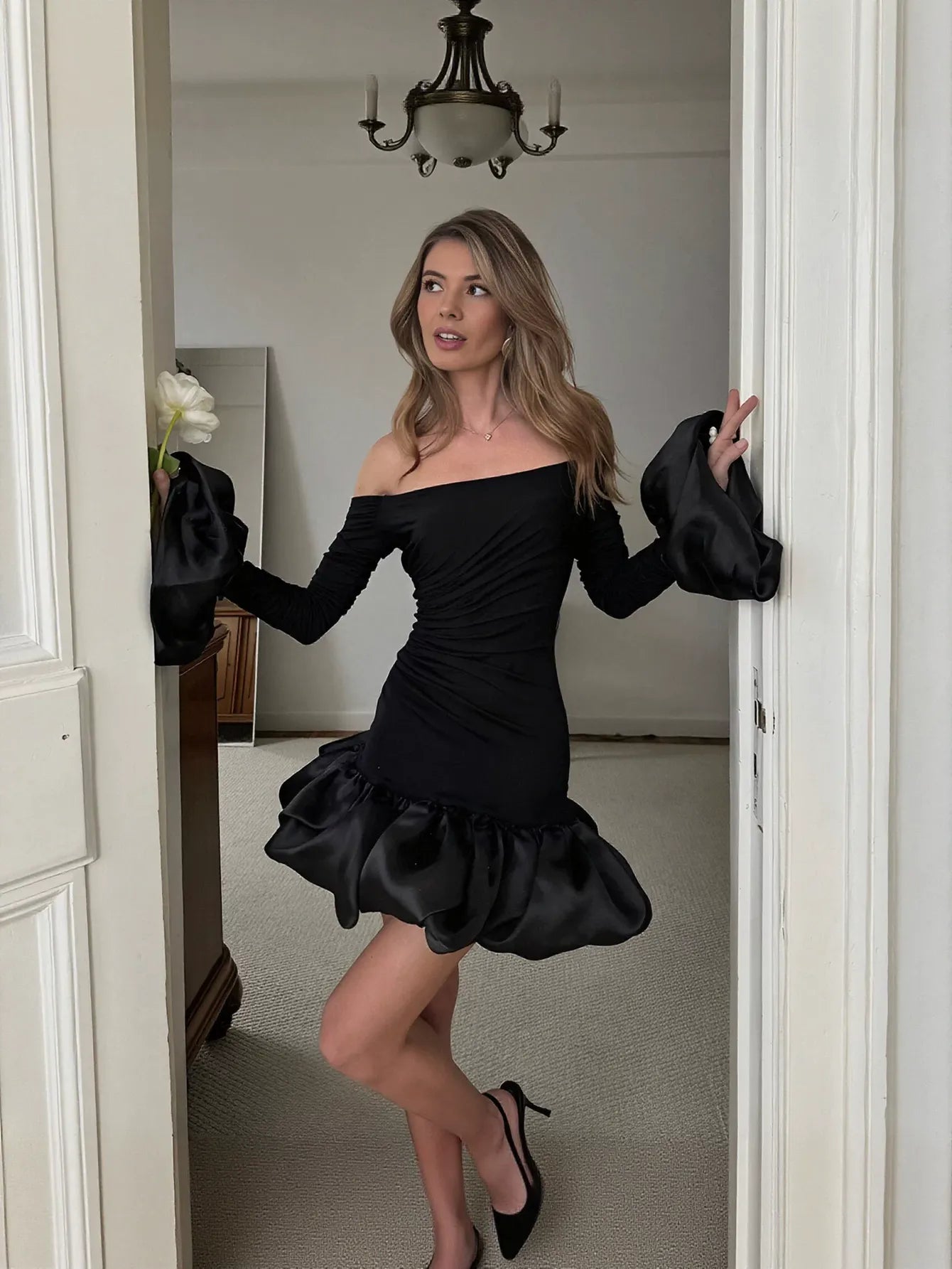 Off Shoulder Ruffled Hem Mini Dress