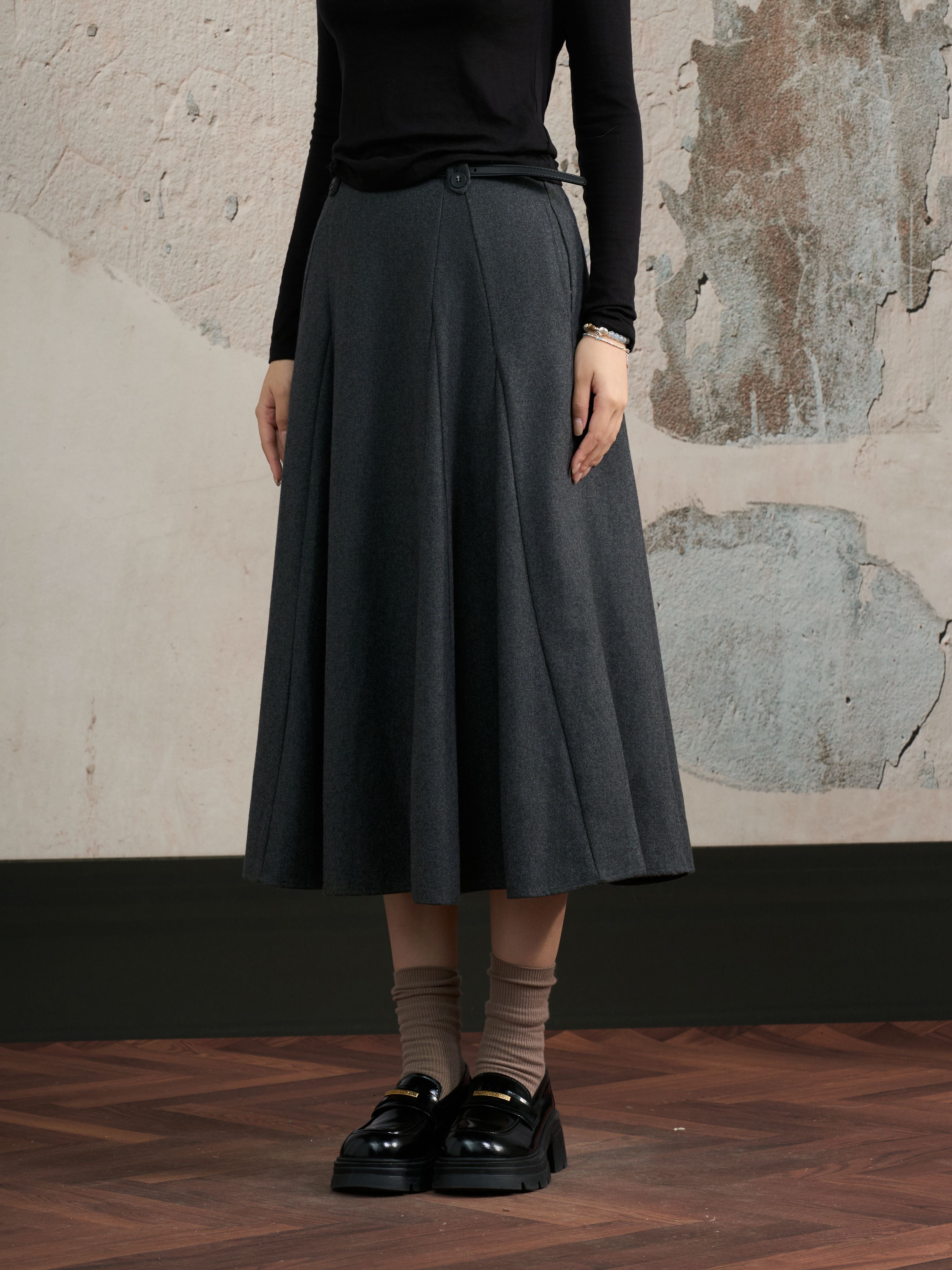 High Waisted Pleated Wool Midi Skirt